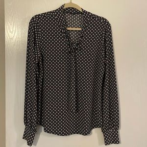 Adrianna Papell Blouse Womens M Blue Geometric Print Balloon Sleeve Tie Neck Top